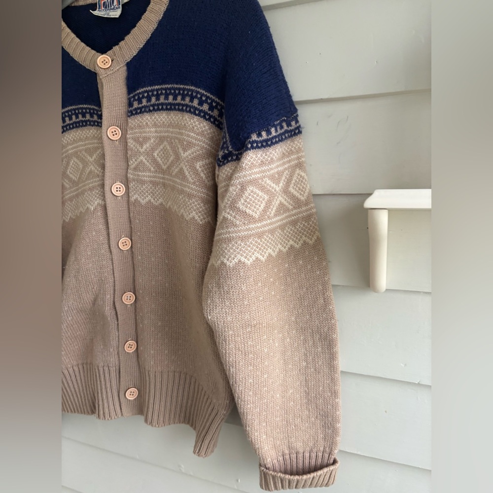 Vintage ARC Actionwear Men’s Beige and Blue Nordic Wool Cardigan Sweater Size L - Picture 8 of 11